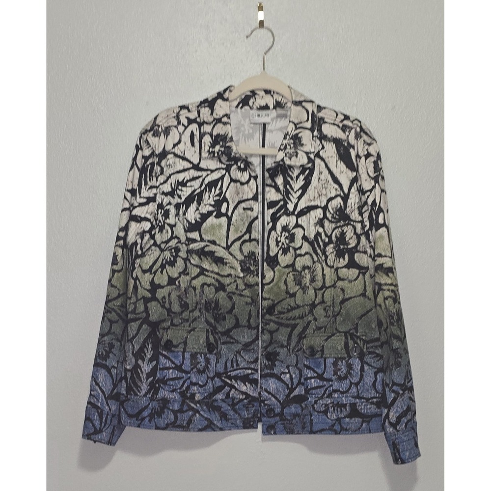Chicos Size 3 XL 16 Ombre Floral Batik Zip Front Cotton Jacket Green Blue